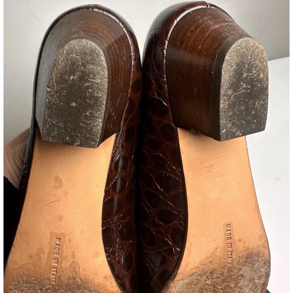 Vtg 90’s Salvatore Ferragamo Brown Calf Croc Leather Gold Bow Vara Shoes Sz 8 B - Picture 15 of 16